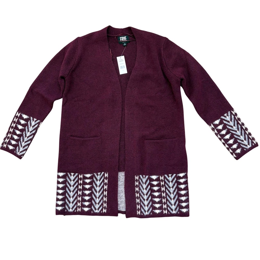 Frye Cardigan Sweater Women SM Maroon Aztec Open Front Knit‎ 1900983 Boho